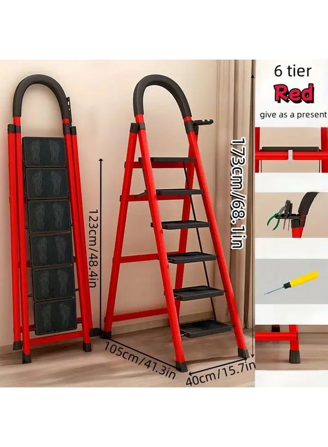2 Layers Red Multi Functional Folding Ladder Portable Thickened Metal Serrated Design Indoor Outdoor Use - Image 5